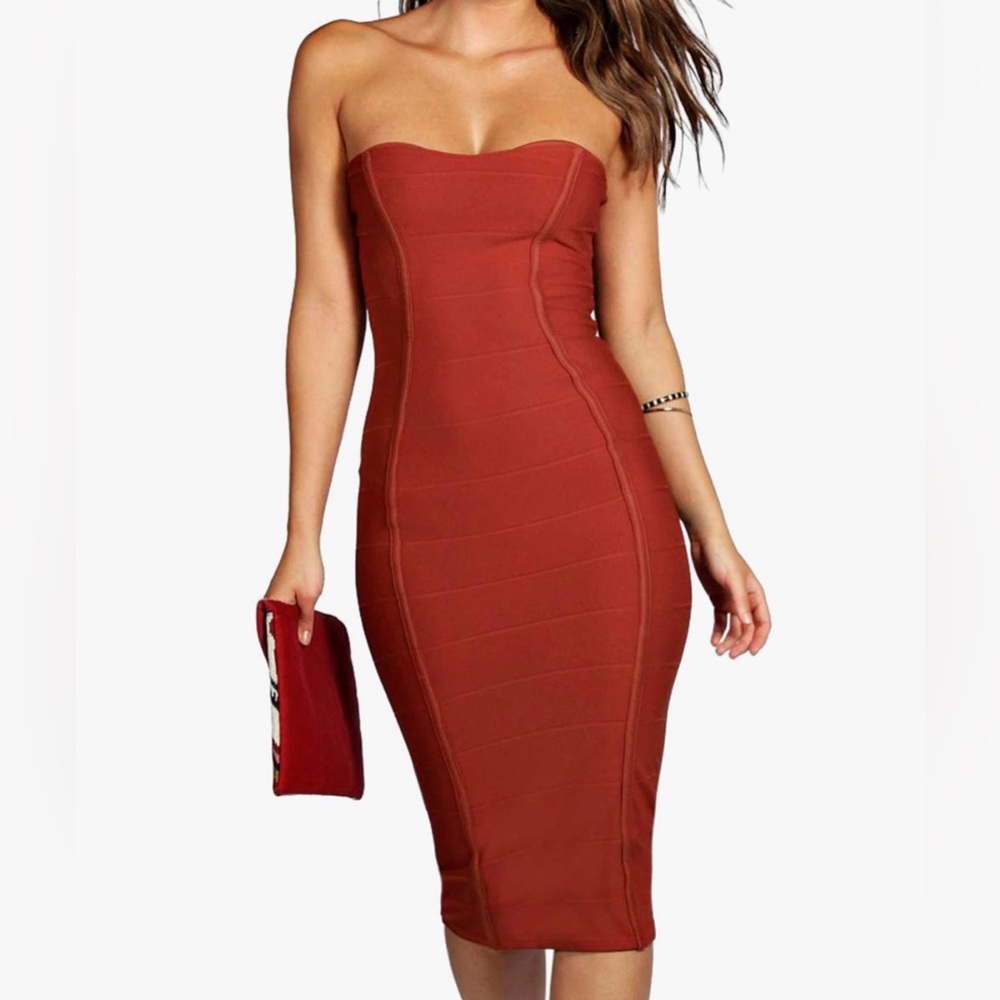 CONTOURING BANDAGE MIDI BODY-CON DRESS